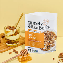 purely elizabeth ingredients flatlay with quinoa flakes chia seeds and almonds highlighting whole grains