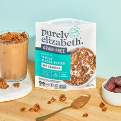 Purely Elizabeth seeds and ingredients close-up showcasing chia, pumpkin, and MCT oil