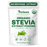 Purisure front packaging jar showing organic stevia with clear labeling and shelf-ready benefit