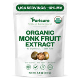 Purisure front packaging showing organic monk fruit and large servings benefit