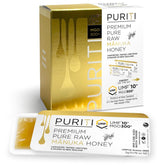 PURITI front box showing 21 single-serve Manuka honey snap packs for convenience