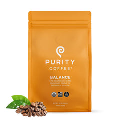 PURITY COFFEE Balance front packaging showing 12oz bag and freshness benefits