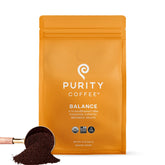 PURITY COFFEE front packaging showing 12oz bag and medium roast benefits