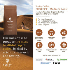 PURITY COFFEE whole-bean close-up highlighting roast color and bean texture