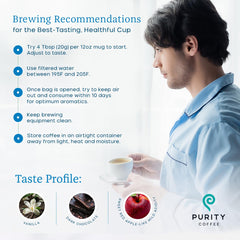 PURITY COFFEE 12oz bag beside scale showing exact package size