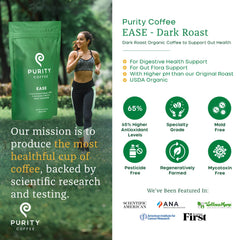 PURITY COFFEE EASE whole beans closeup highlighting fresh roast and aroma benefit