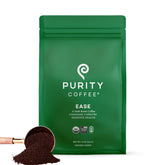 PURITY COFFEE front bag view showing branding and low-acid claim with clear benefits