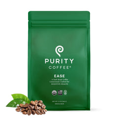 PURITY COFFEE EASE front bag view showing organic low‑acid promise and benefit