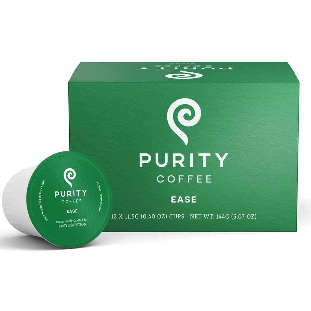 PURITY COFFEE EASE box front showing branding and roast benefits