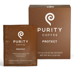 PURITY COFFEE front packaging showing PROTECT 5‑count box and certifications benefit convenience