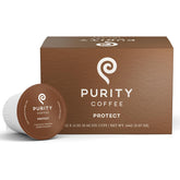 PURITY COFFEE Protect box front showing design and 12-count packaging for convenience