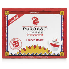 Puroast French Roast pod front packaging showing brand and low-acid benefit