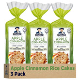 Quaker front packaging showing apple cinnamon flavor and pack of three, convenient grab-and-go