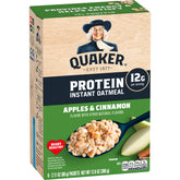 Quaker apple cinnamon front packaging showing protein claim and whole grains for convenience