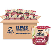Quaker front packaging showing apple cranberry cups and calorie info for convenience