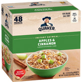 Quaker front box showing apples and cinnamon flavor and 48 packets for pantry convenience