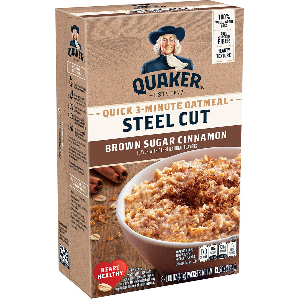 Quaker front packaging showing brown sugar cinnamon flavor and quick steel cut benefit