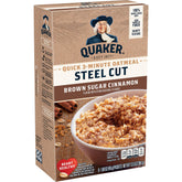 Quaker front packaging showing brown sugar cinnamon flavor and quick steel cut benefit