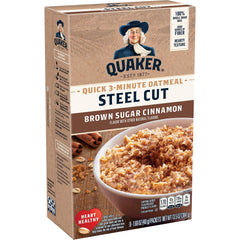 Quaker front packaging showing brown sugar cinnamon flavor and quick steel cut benefit