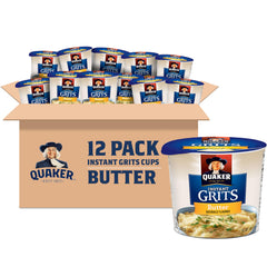 Quaker front packaging showing 12 butter flavor cups, convenient pantry ready