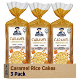 Quaker front packaging showing caramel rice cakes and brand benefit