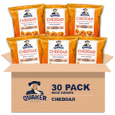 Quaker front pack showing cheddar rice crisps and portability benefits