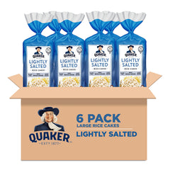 Quaker front packaging showing lightly salted rice cakes and pack benefits