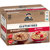 Quaker front packaging showing 32-count gluten free variety pack and convenience