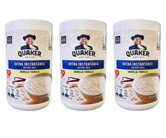 Quaker front packaging of instant oats vanilla showing product branding and benefits