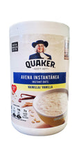 Quaker open container showing fine instant oats texture for quick preparation