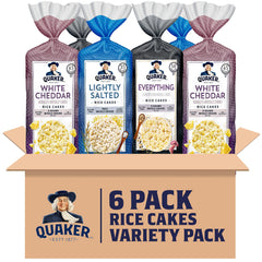 Quaker large rice cakes front packaging showing all three flavors and benefits
