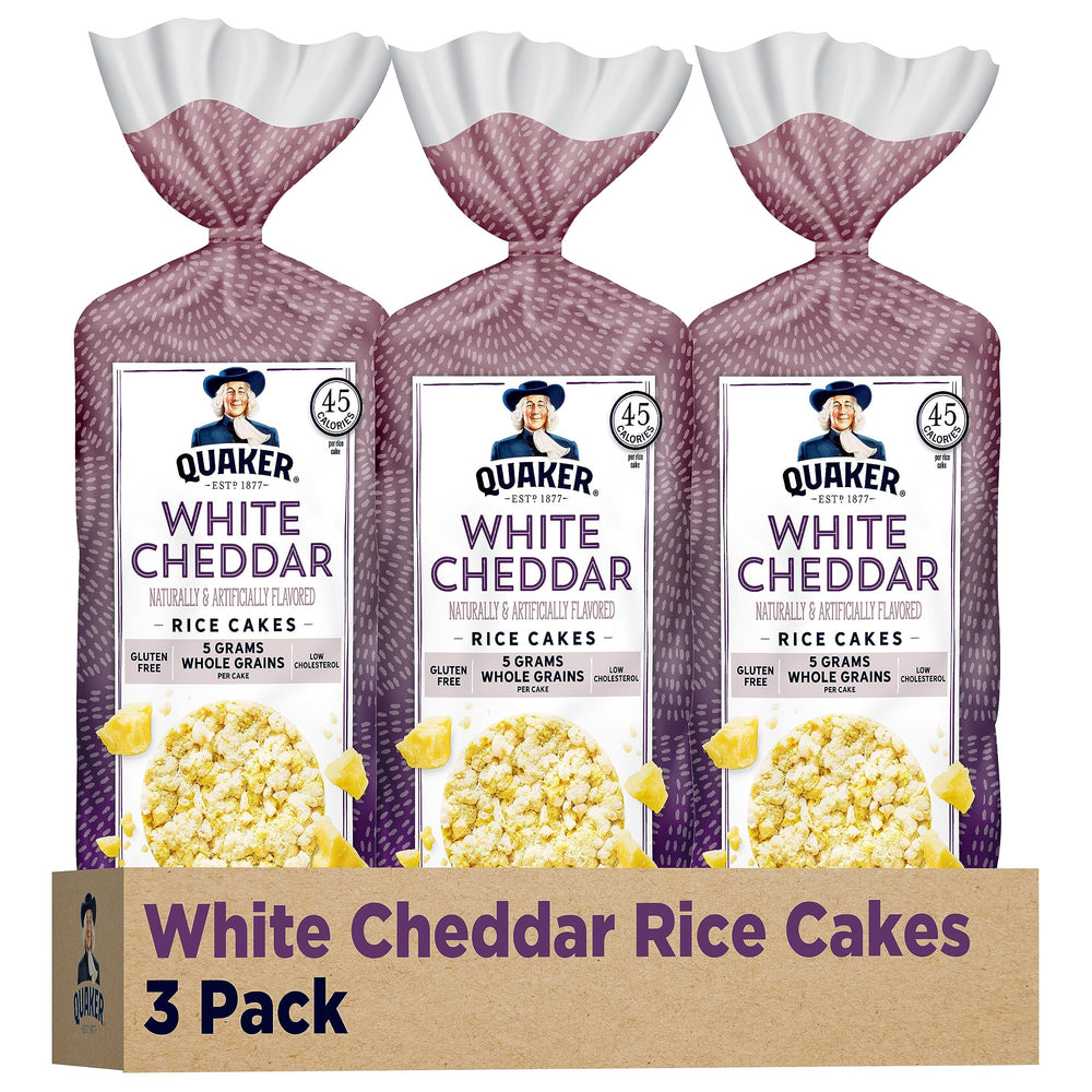 quaker front packaging showing white cheddar rice cakes and pack benefits