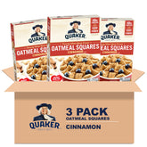 Quaker box front view showing cinnamon squares and whole grain benefits