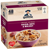 Quaker front packaging showing 48 instant oatmeal packets and flavor labeling for quick breakfasts