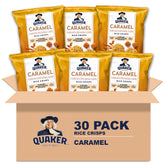 Quaker Rice Crisps front packaging showing 30-count box and caramel flavor convenience