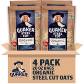 Quaker front packaging showing organic steel cut oats and pack of four for easy pantry stocking