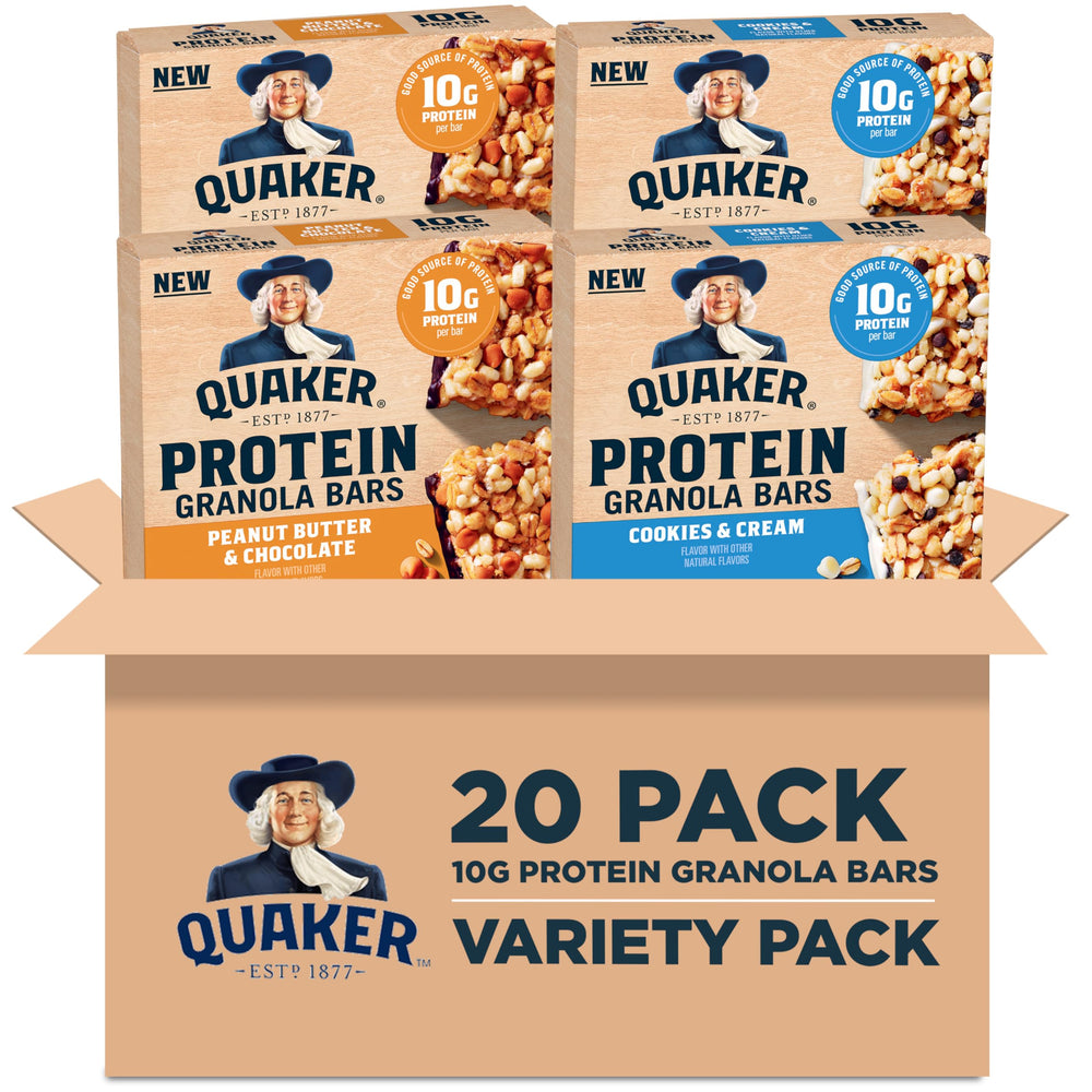 Quaker front packaging showing variety pack and 20-count convenience