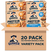 Quaker front packaging showing variety pack and 20-count convenience