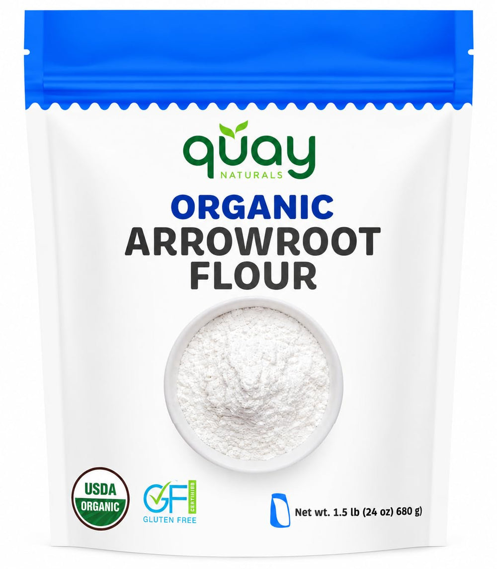 Quay Naturals front packaging showing organic arrowroot benefit of clean label