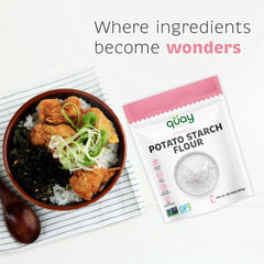 Quay Naturals pouring potato starch slurry into sauce for quick thickening