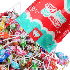 QUEEN CITY CANDY CAVE close up of mini pop wrappers highlighting colorful textures and freshness