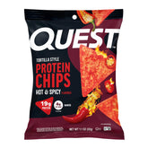 Quest front packaging of hot & spicy tortilla style protein chips shows bold branding and benefit