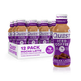 Quest mocha latte front packaging showing bottle and label benefit portability