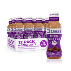 Quest mocha latte front packaging showing bottle and label benefit portability