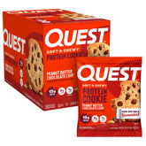 Quest front packaging showing peanut butter chocolate chip cookie benefits