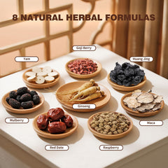 QUMIOBU mixed herbal ingredients flatlay showing natural botanicals and texture