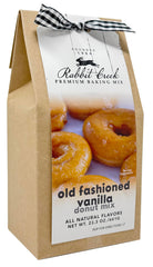 Rabbit Creek front packaging showing vanilla glazed donut mix and included glaze benefit quick baking