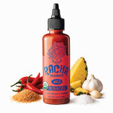 Racha Organics front label on 10oz bottle showcasing organic branding and mild heat