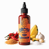 Racha Organics front label showing medium heat and organic badge for confidence