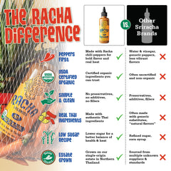 Racha Organics drizzled over noodles adding bright chili flavor and visual appeal